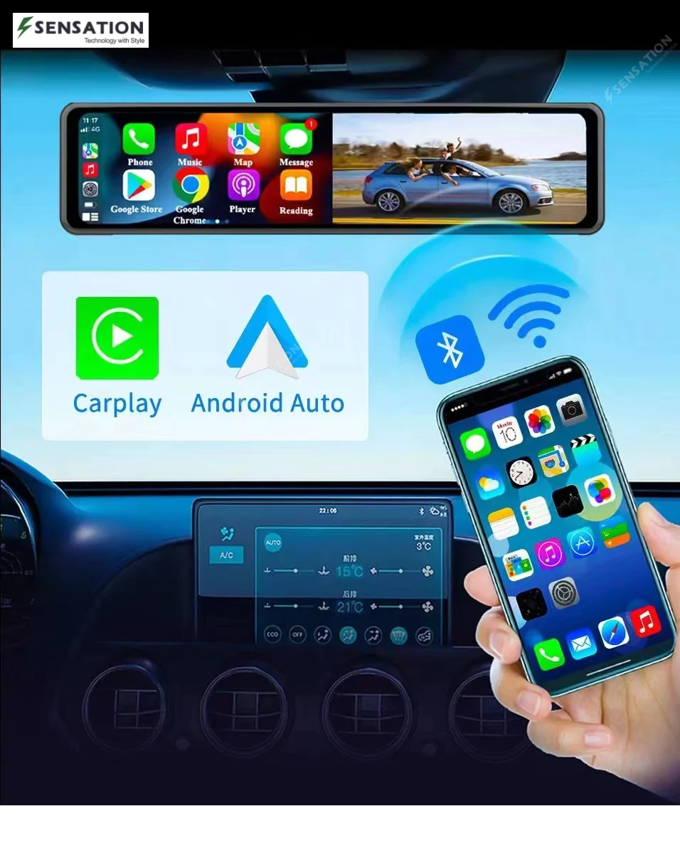 مرآة رؤية خلفية ذكية مع كاميرا أمامية وخلفية مباشرة وشاشة 4K وCarplay مدمج / Android Auto